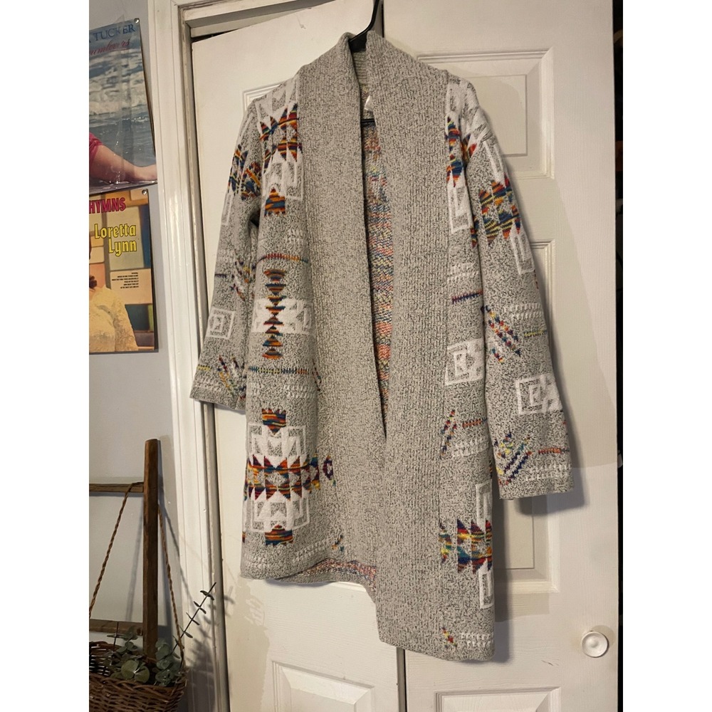 Mintee 16 Gray Southwestern Geometric Open Front Longline Cardigan Sweater Large